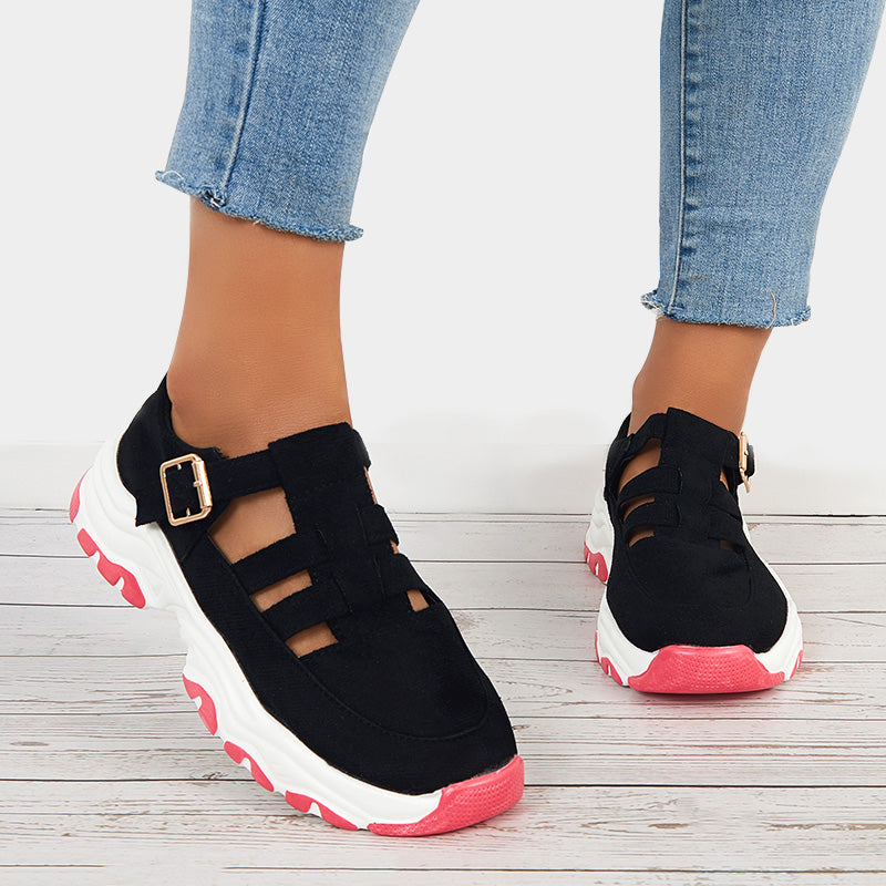 Women's Ankle Buckle Chunky Sneakers Casual Platform Walking Shoes