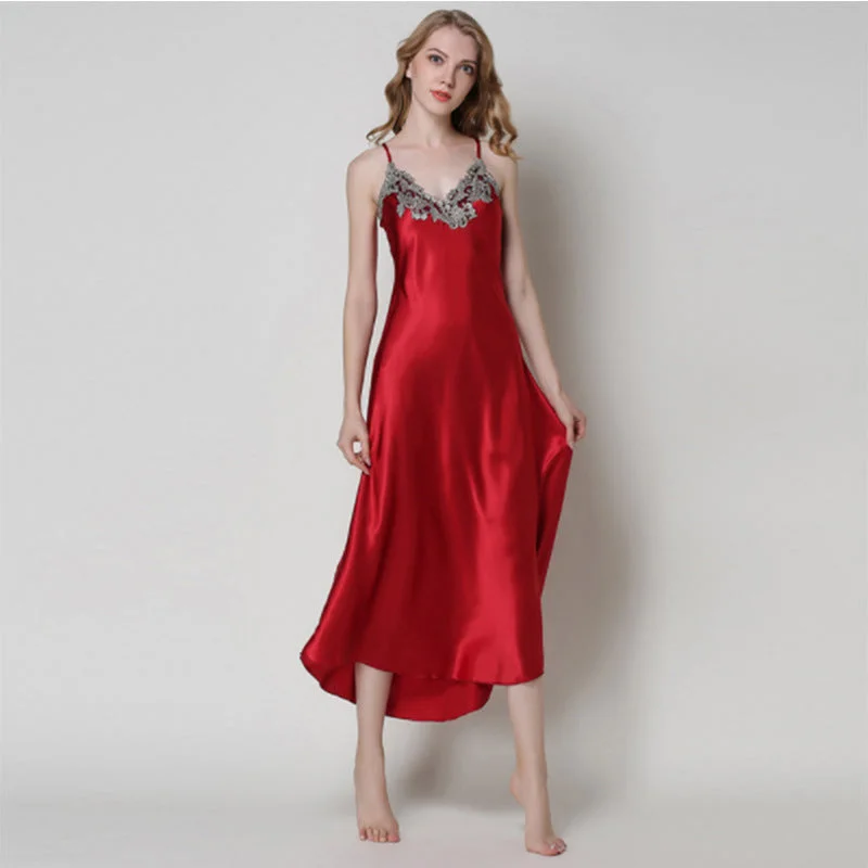 Lace Sexy V-Neck Long Drawstring Nightgown