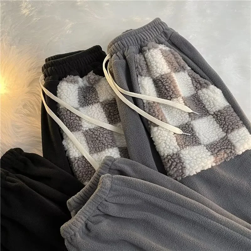 Men's Plaid Fleece Pocket Casual Trousers Loose Pants