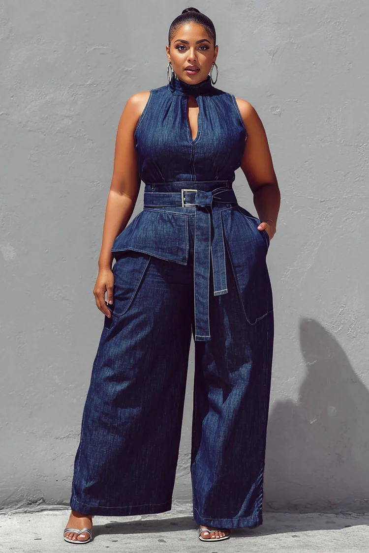 Xpluswear Design Plus Size Business Casual Blue Stand-Up Collar Pocket Cut Out Tencel Denim Two Piece Pant Sets 2024 - Xpluswear