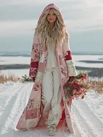 Women's Patchwork Floral Print Plush Hooded Coat