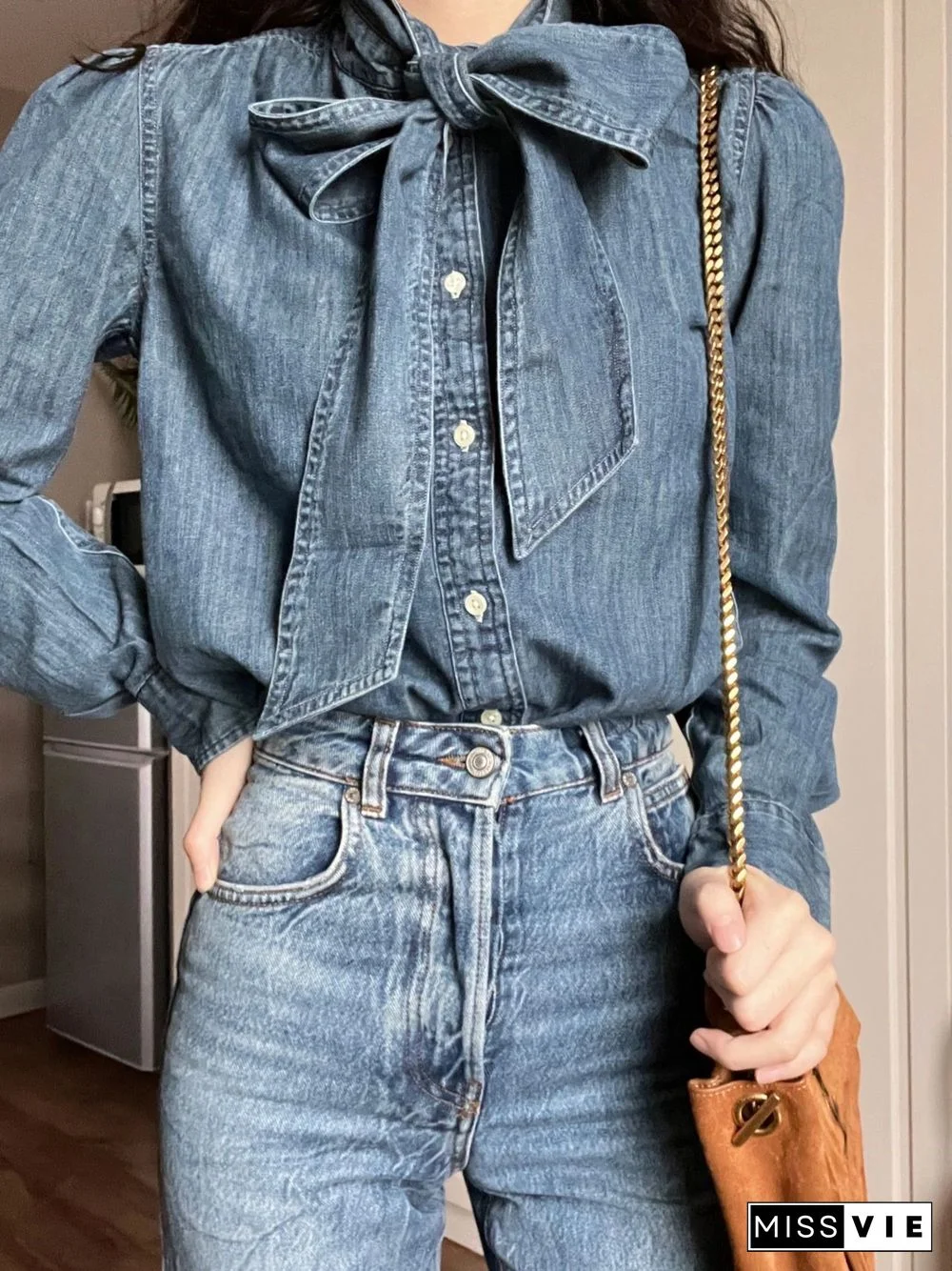 Women Long Sleeve Shirt Elegant Blouse Tunic Bow Tie Denim T-Shirts Plus Size