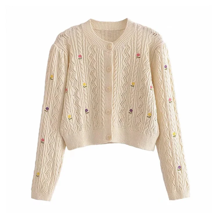 Flower embroidery round neck knitted sweater cardigan coat  7303
