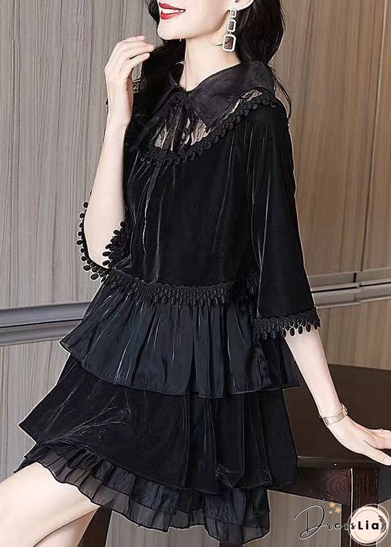 Women Black Ruffled Tasseled Patchwork Velour Mid Dress Fall