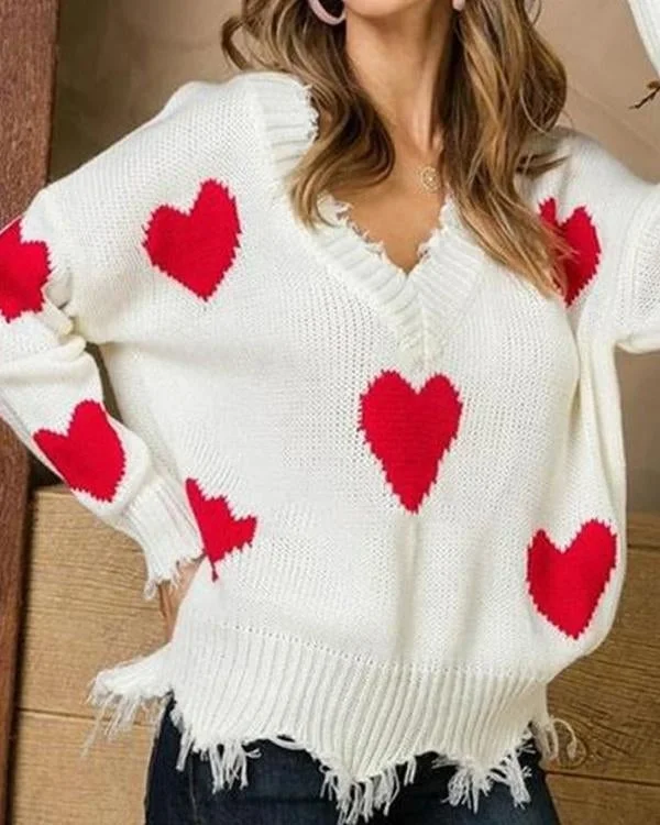 Love Printed Stitching Valentine's Day V Neck Loose Long Sleeve Sweater