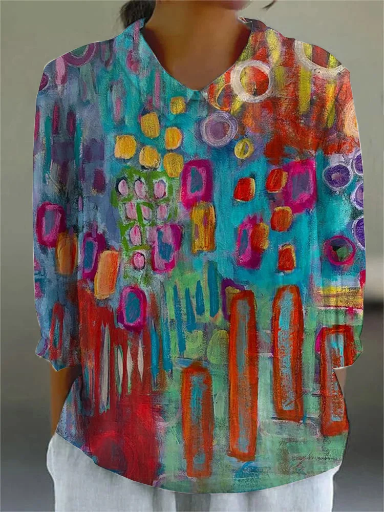 Women's retro colorful geometric print casual cotton and linen shirt