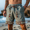 Men's Vintage Surf Ethnic Patterned Cotton And Linen Printed Drawstring Shorts by Inlyline