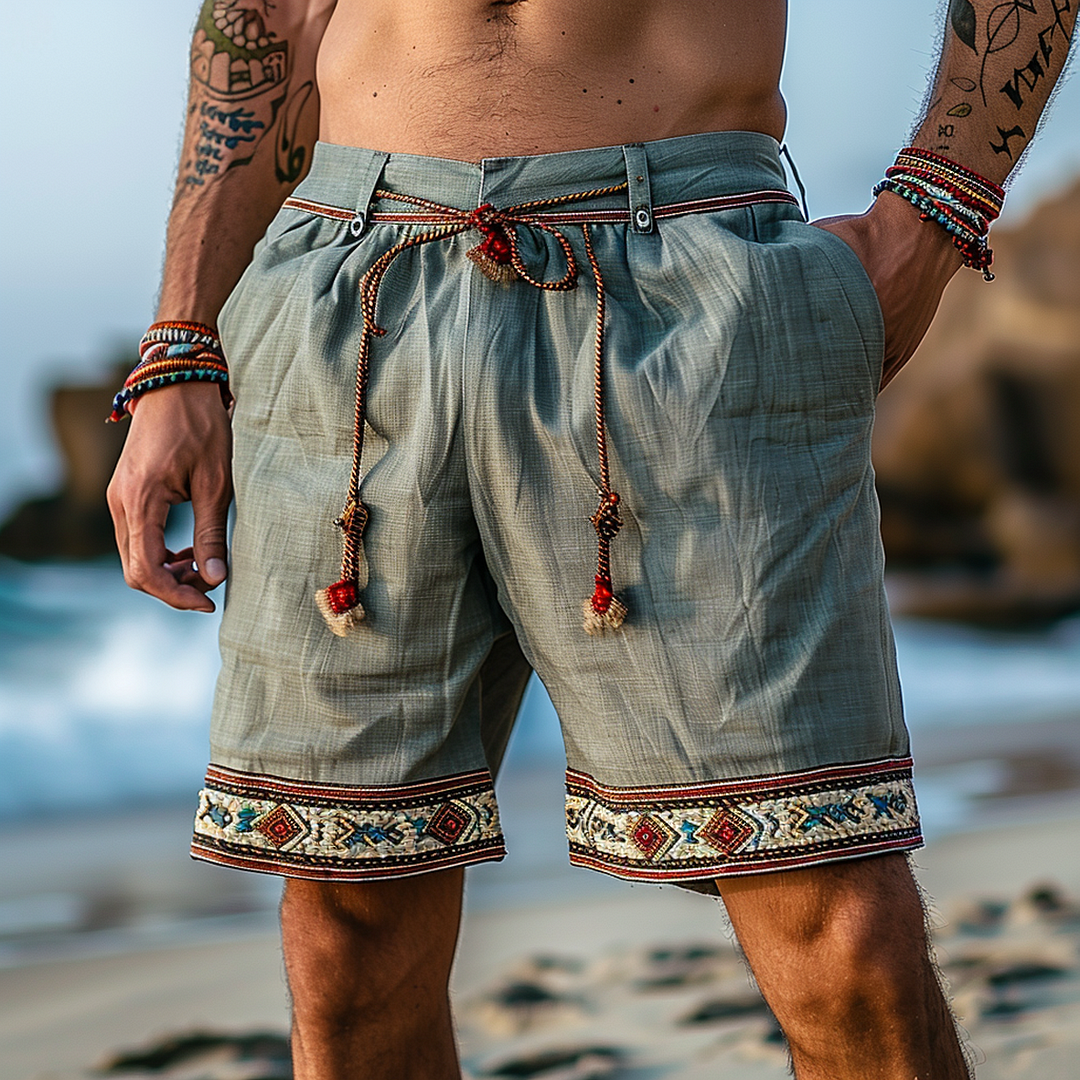 Men's Vintage Surf Ethnic Patterned Cotton And Linen Printed Drawstring Shorts