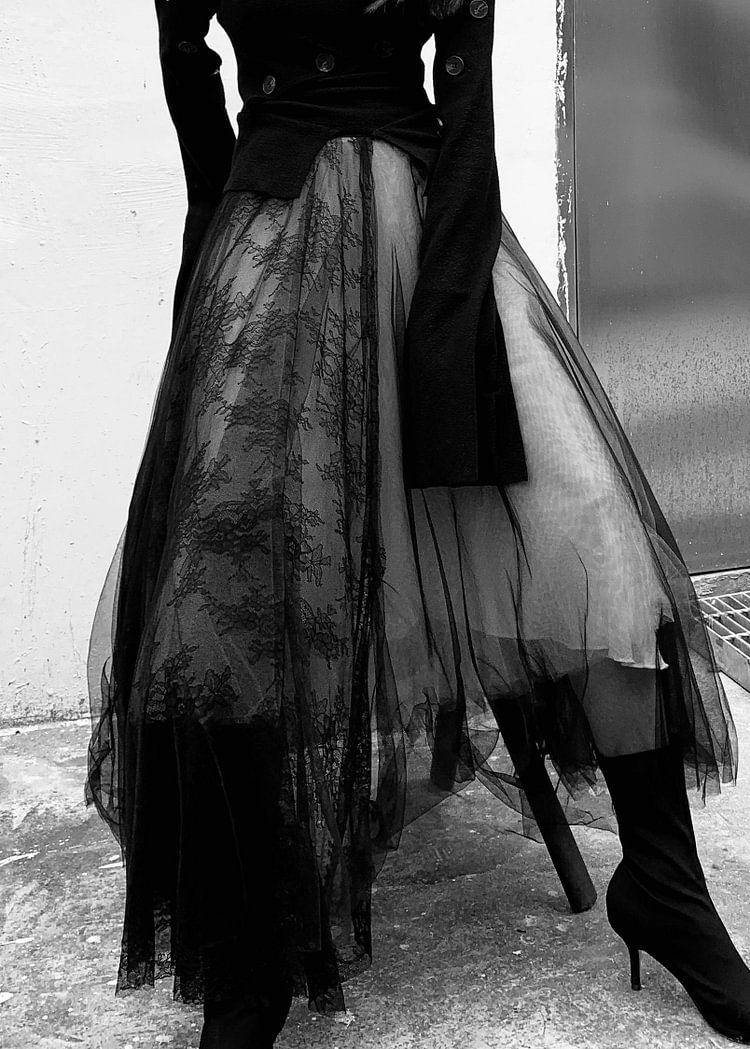 Unique Black Wrinkled Lace Patchwork Tulle Skirt Spring