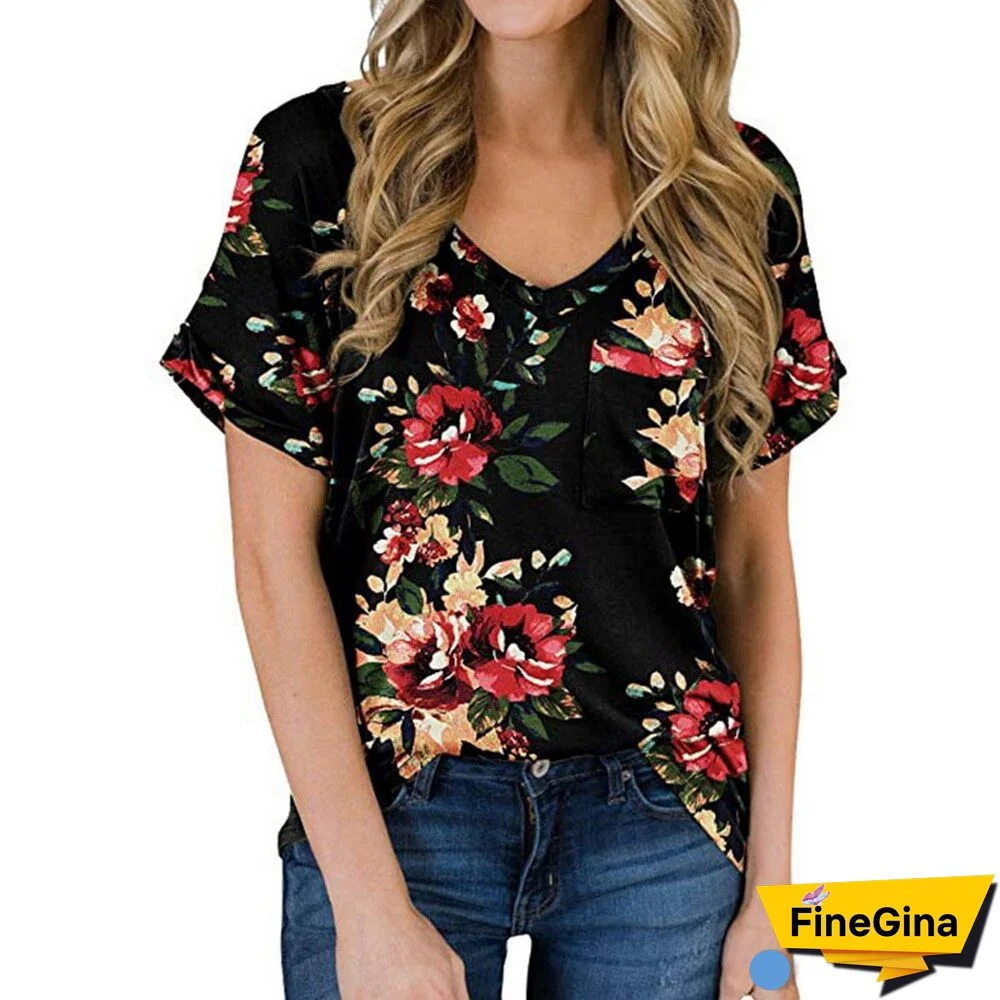 New Y2K Summer Women's Floral Print Tops V-Neck T Shirts Short Sleeve Tees Casual Loose FemaleT-Shirt Streetwear Clothing D30