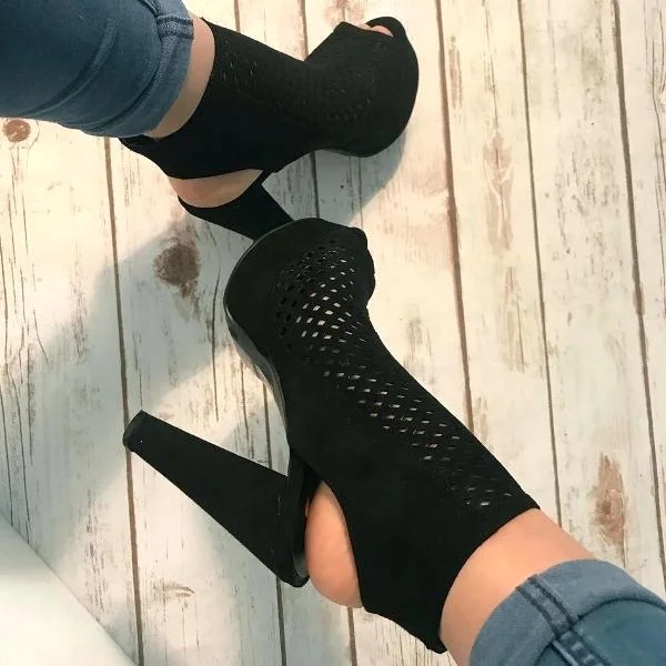 Black Suede Chunky Heel Boots Platform Hollow Out Peep Toe Boots |FSJ Shoes