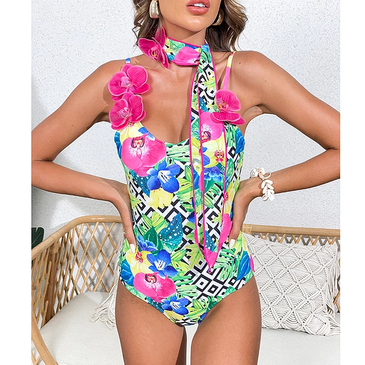 ★CORALIQUE★Flower Shirring Monokini★Green_Navy★大人気★ Floral Smocked One Piece Swimsuit with Ruffle Sleeves | Mini