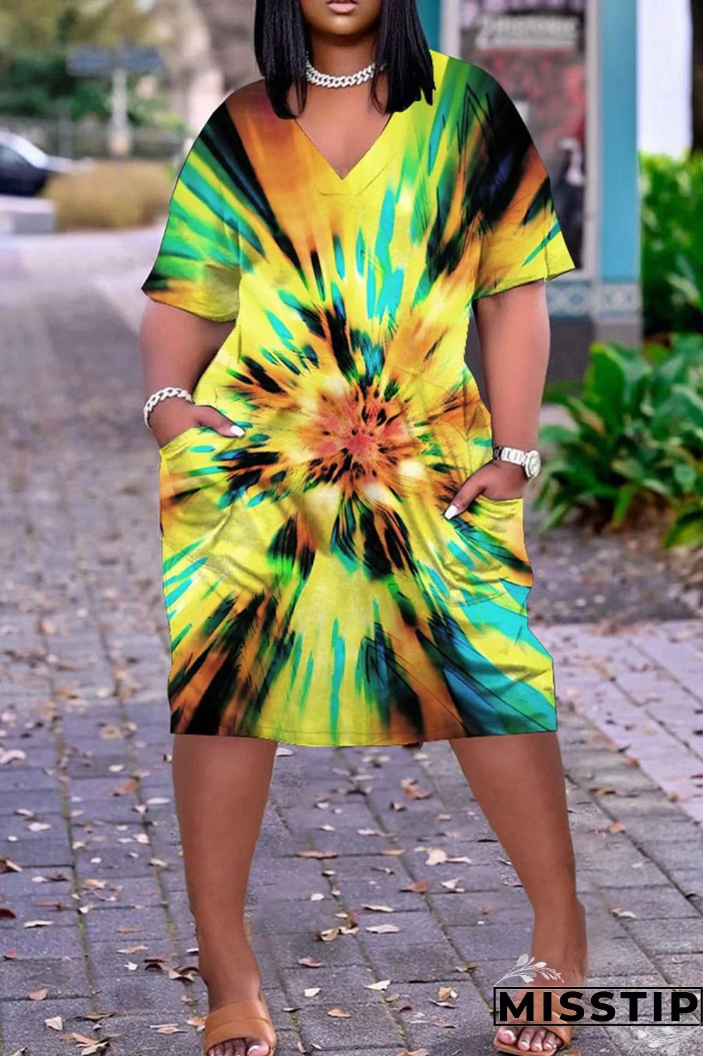 Blue Red Fashion Casual Print Tie-dye V Neck Short Sleeve Dress