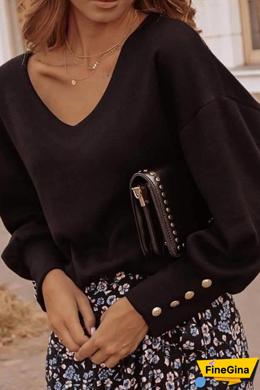 Casual Solid Patchwork Buckle V Neck Tops