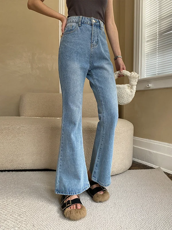 Casual High Waisted Flared Pants Solid Color Jean Pants Bottoms