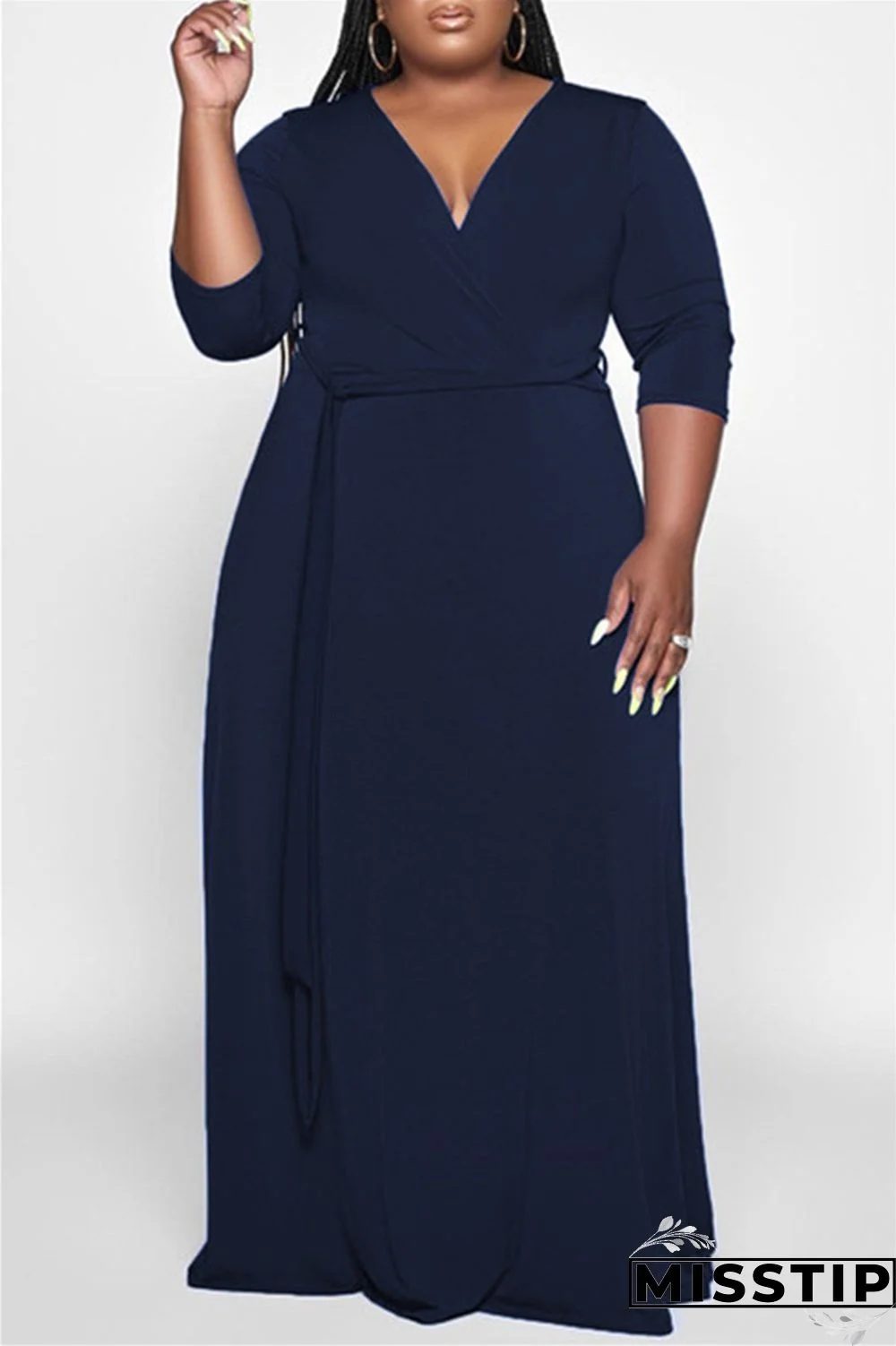 Tibetan Blue Fashion Casual Solid Basic V Neck Long Dress Plus Size Dresses