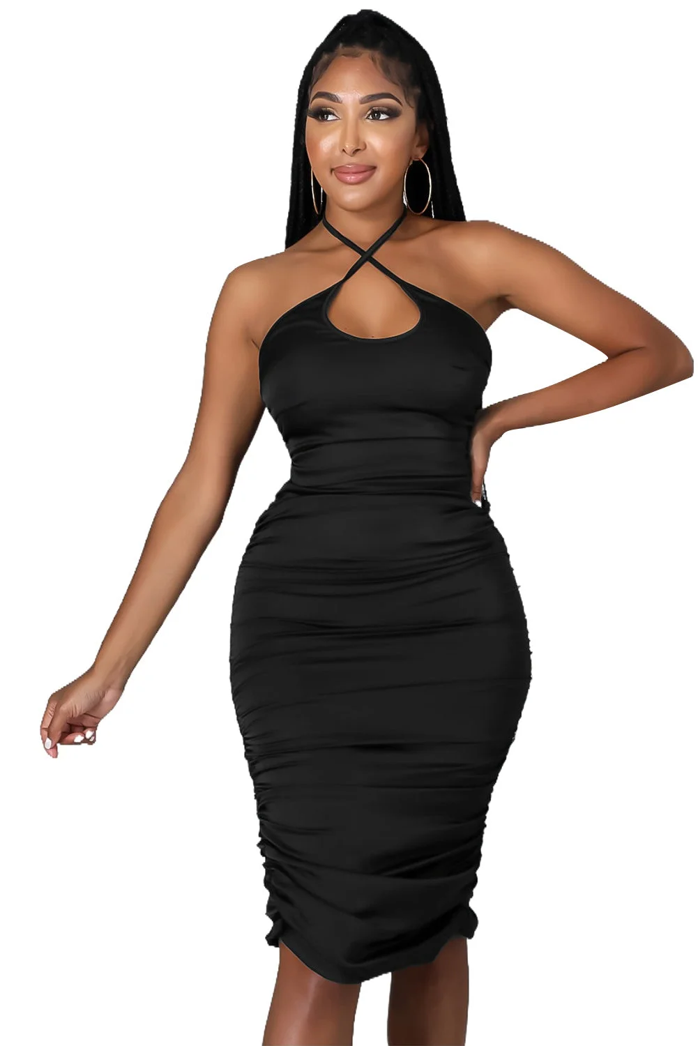 Women Black Halter Neck Ruched Bodycon Midi Dress
