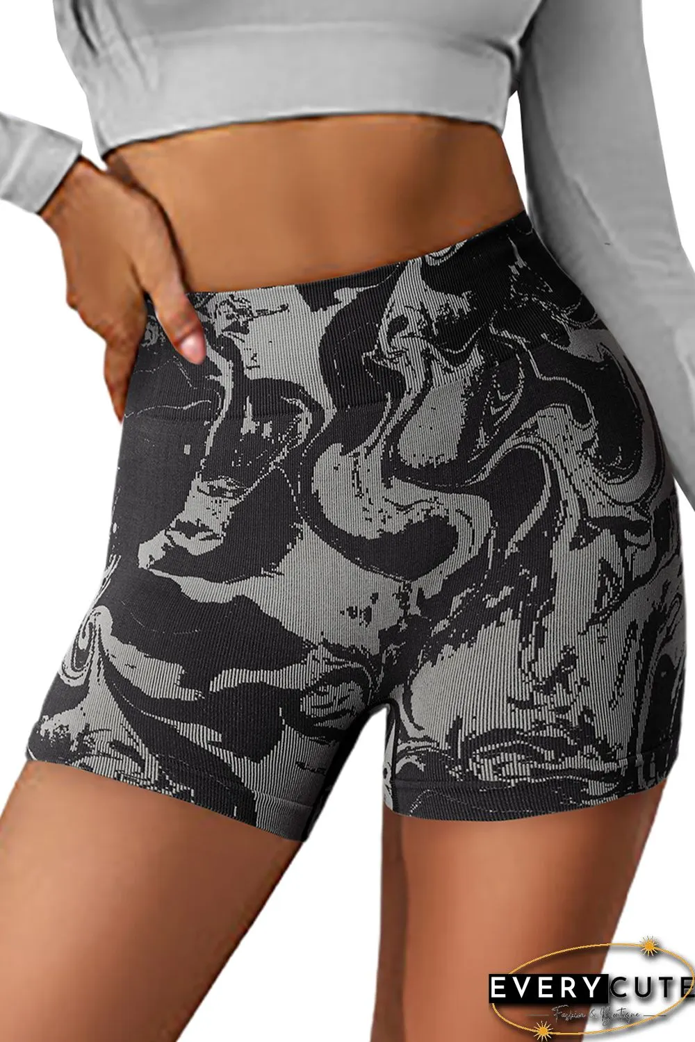 Black Abstract Print Ribbed High Waist Active Bottoms