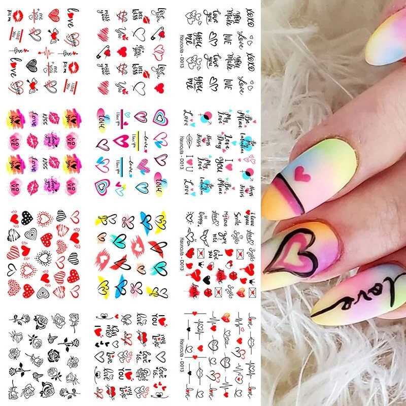 Harunouta 12Pcs/Set Love Letter Flower Sliders Water Decals Electrocardiogram Love Heart Lips Stickers For Nails Decoration