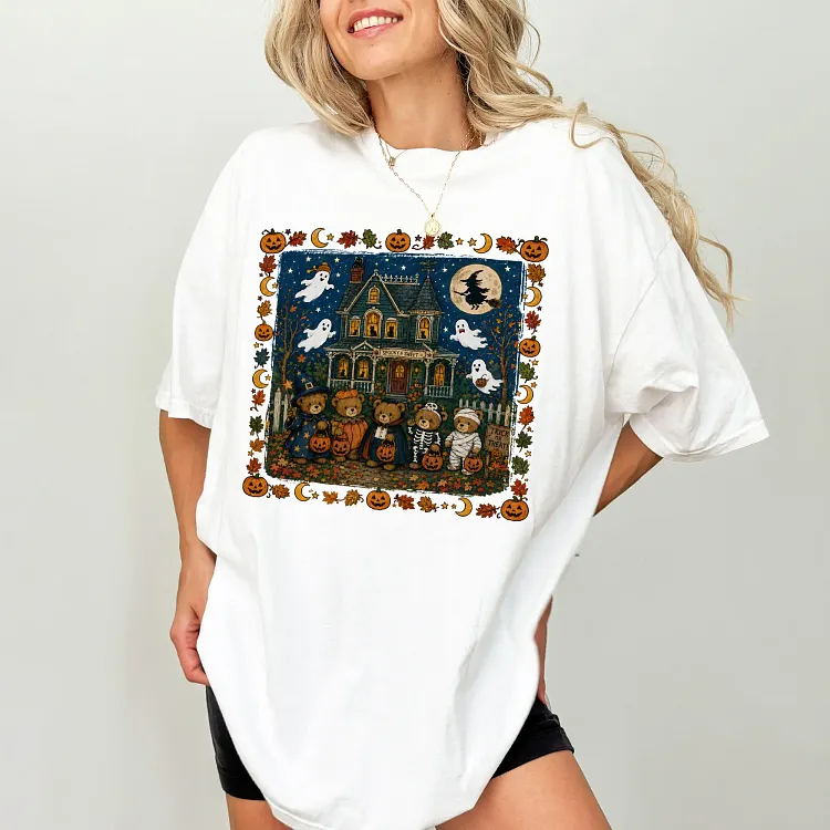 Vintage Halloween Teddy Bear Shirt, Cozy Fall Graphic Tee for Women, Cute Haunted House Pumpkin T-Shirt, Halloween Party Shirt
