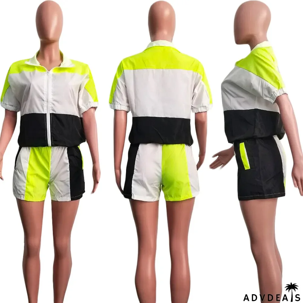 Turndown Collar Casual Sports Contrast Patchwork Half-Sleeve + Shorts Suit Women
