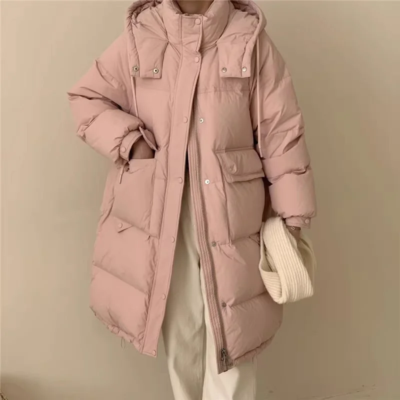 Toloer Korean Large Pocket Long Down Jacket Female 2024 Winter Fashion Thick Hooded Over The Knee Sweet White Duck Down Coat-Outfit Ideas