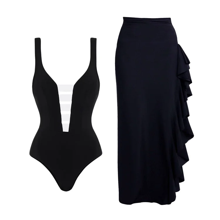 Cutout Color Block One Piece Swimsuit and Skirt（Shipped on Feb 8th）