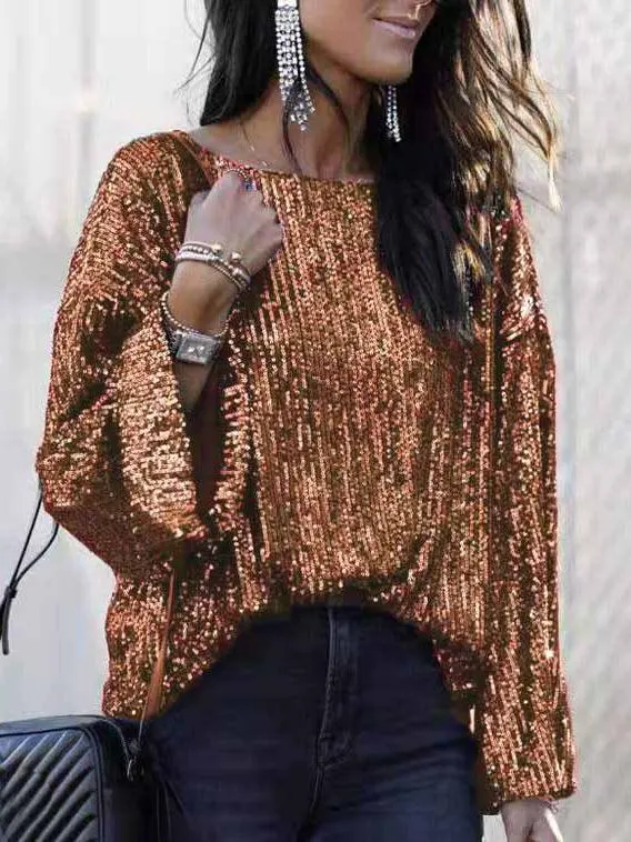 Round Neck Sequins Simple Shirt