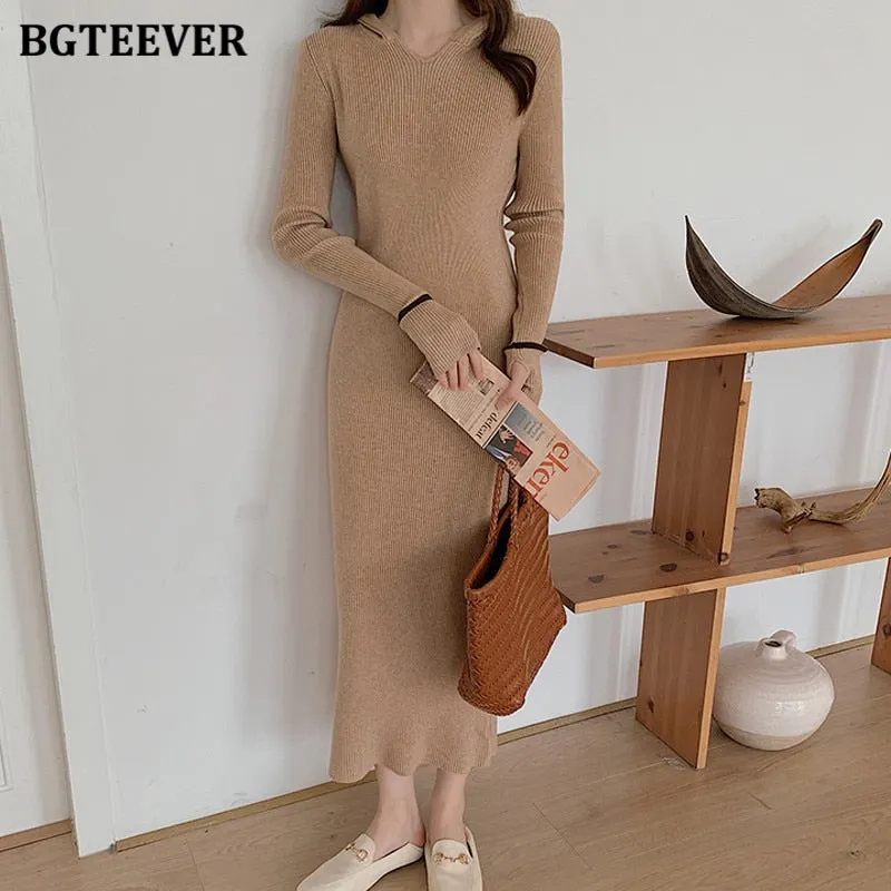 BGTEEVER New Autumn Hooded Side Split Female Knitted Dress Stretched Sweater Women Dress Casual Ladies Pullovers Vestidos 2021