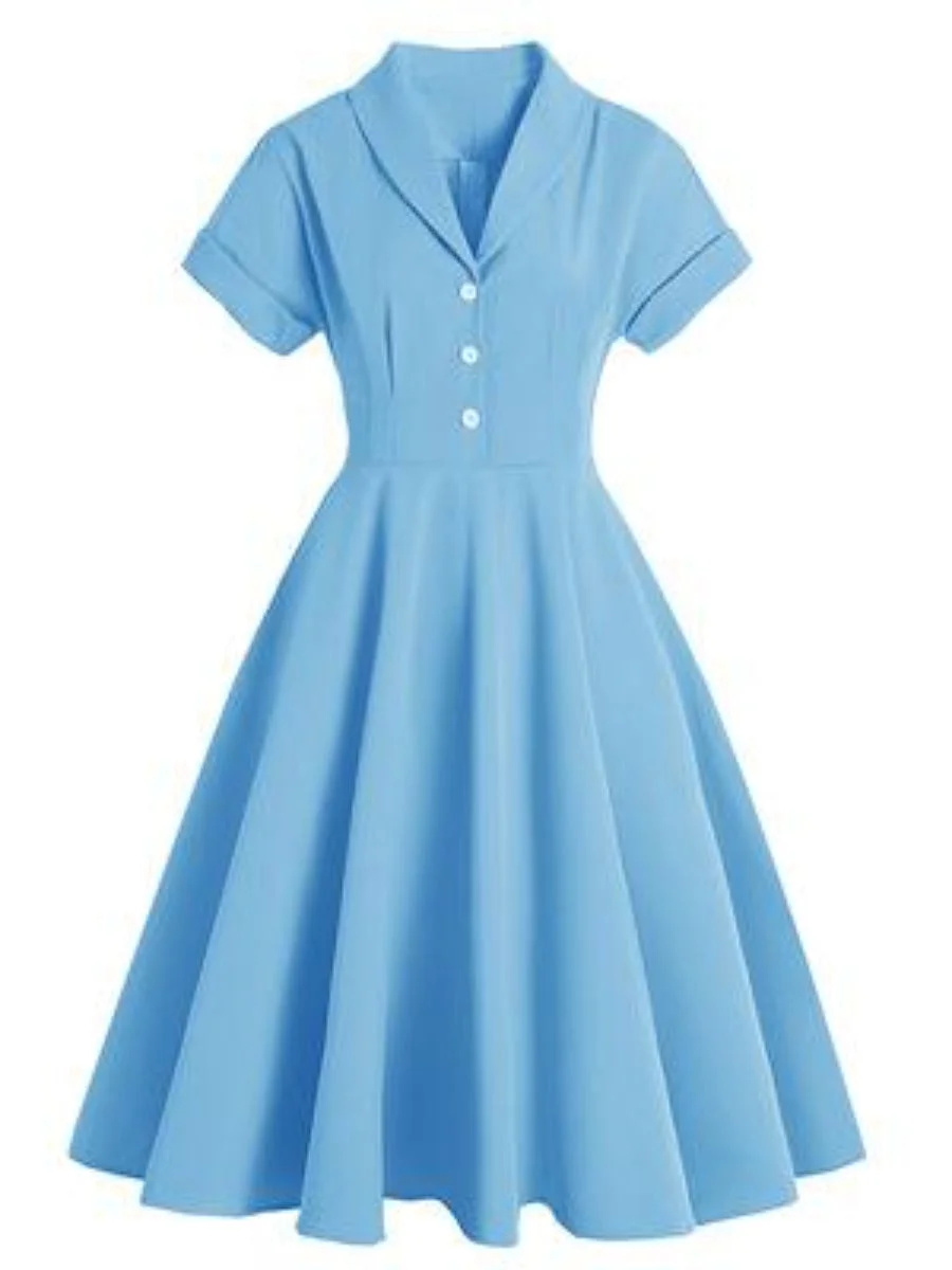 1950 Fashion Dress Solid Color Mid-length Retro Lapel Dress