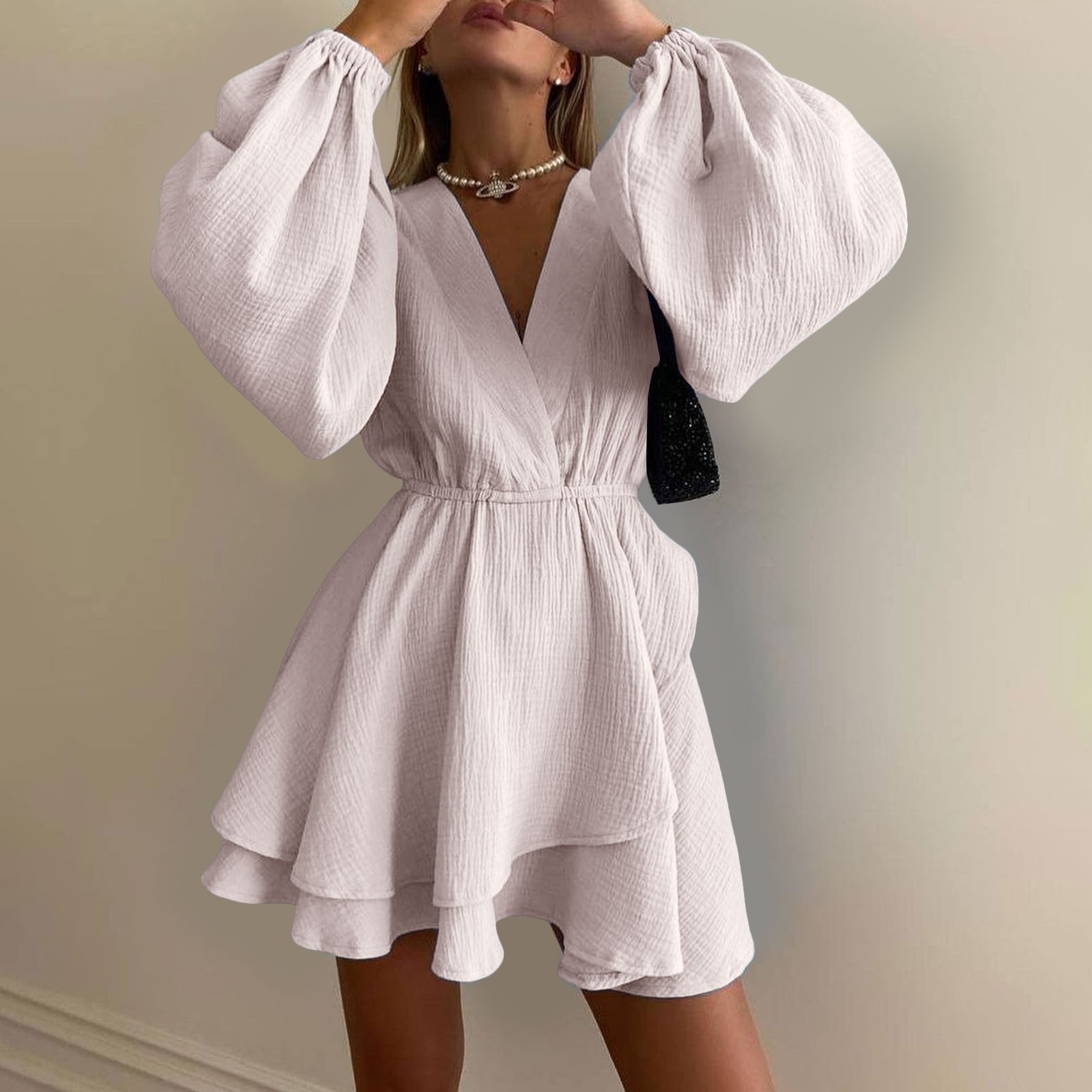 2025 Women'S Fashion Design Sense Dress Slimming Waist Solid Color Deep V Skirt Tiered Ruffle Layer Mid Length Summer Dresses