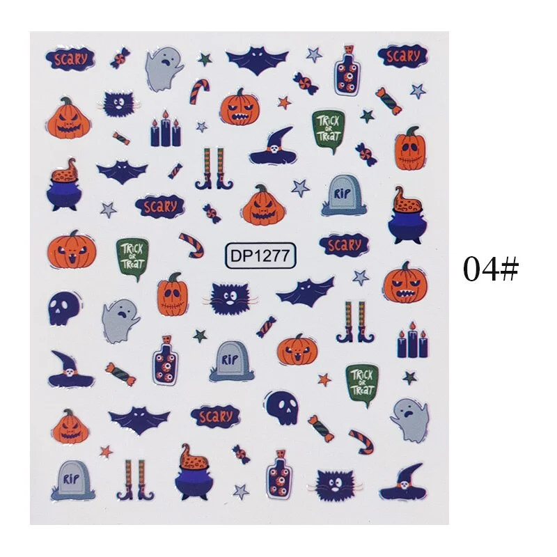 Halloween 3D Nail Stickers Skeleton Pumpkin Design Adhesive Nail Transfer Sliders Paper Autumn Winter DIY Nail Art Decoration
