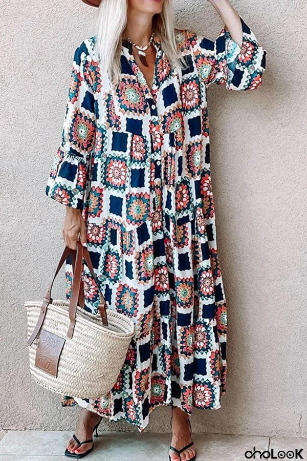 Summer V-neck Flared Sleeve Print Long Dress