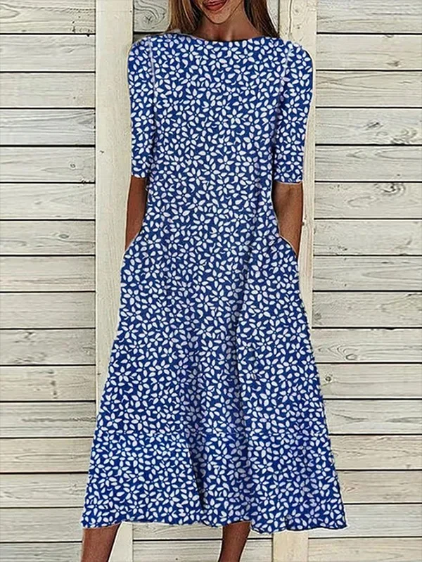 Women's A Line Dress Midi Dress Blue Half Sleeve Floral Ruched Print Summer Fall Crew Neck Casual Modern 2022