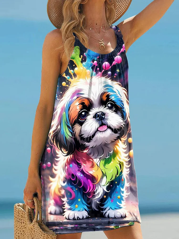 Women's Fun Doodle Puppy Pattern Halter Dress