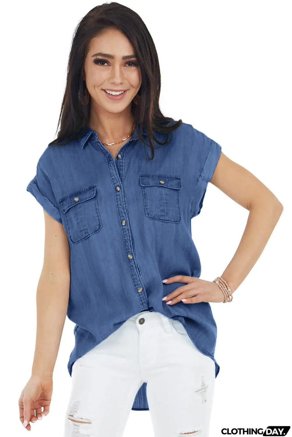 Short Sleeve Buttoned Denim Shirt with Pocket