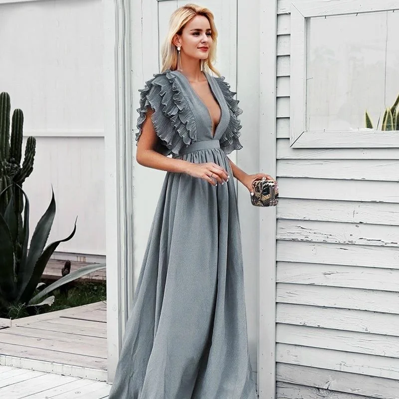 Anastasia - Elegant Deep V and Neck High Waist Dress with Ruffles