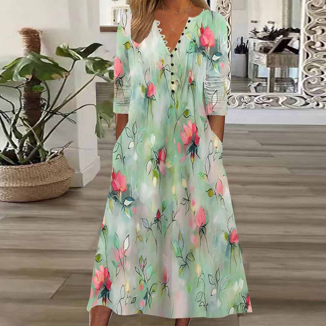Women Floral,Green DZHB8353 Long Sleeve V-Neck Graphic Printed Midi Dress
