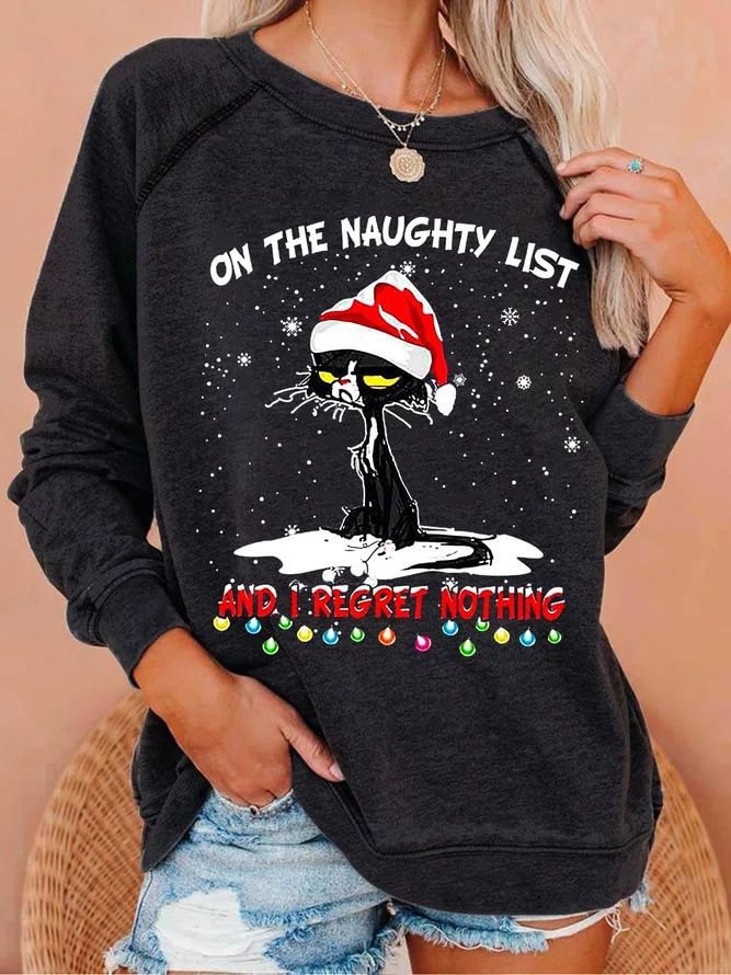 Casual Christmas Cat Print Long Sleeve Sweatshirt