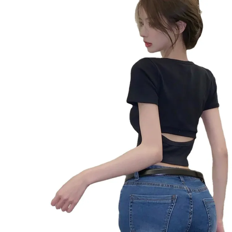 Brownm Brownm Fire Short Top Women 2024 Summer Sexy Hot Girl Wind Exposed Back Bottom Shirt Solid Color Versatile Short-Sleeved T-Shirt Women