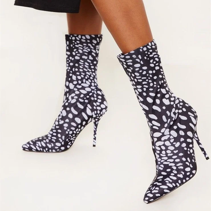 Black and White Dots Sock Boots Pointy Toe Lycra Fashion Booties |FSJ Shoes