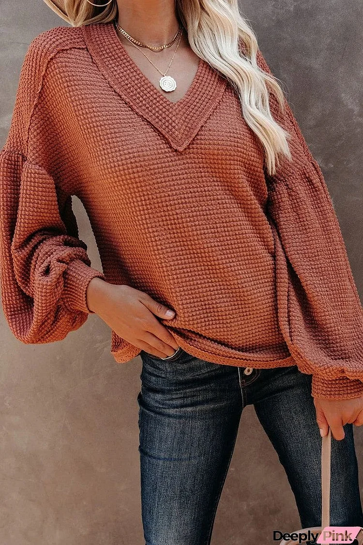 Thermal V Neck Puff Sleeve Sweater