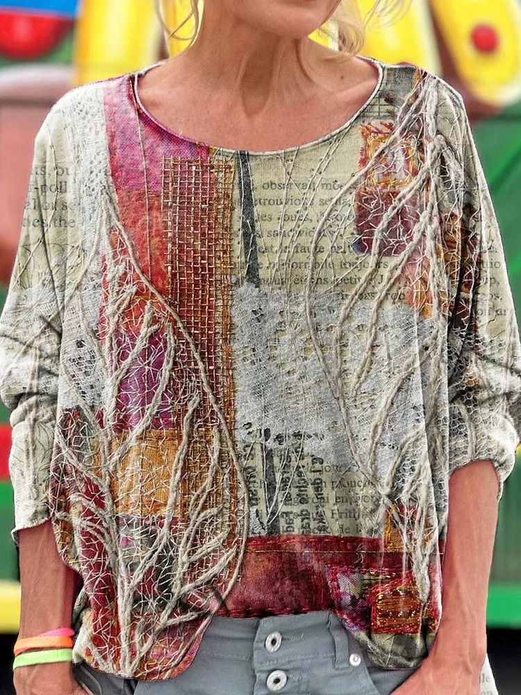 Retro Embroidery Collage Art Print Casual Long Sleeve T-shirt