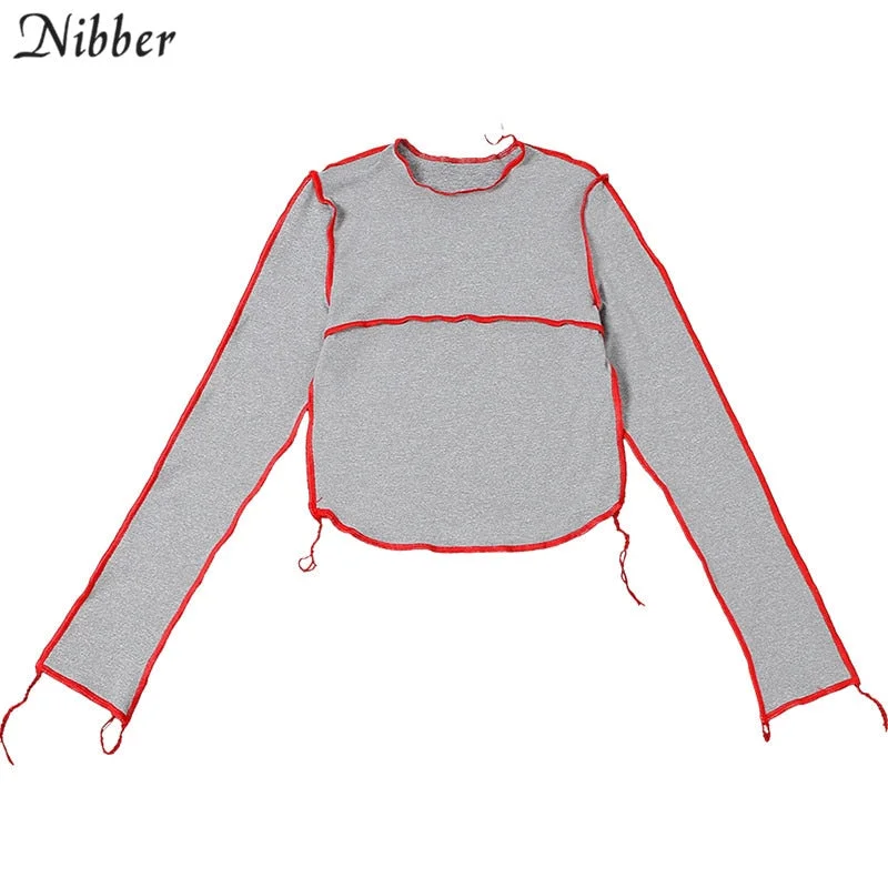 Nibber Fashion Patchwork Long Sleeve T-shirts Women Autumn street style Skinny crop top casual O neck Slim Soft Tees mujer