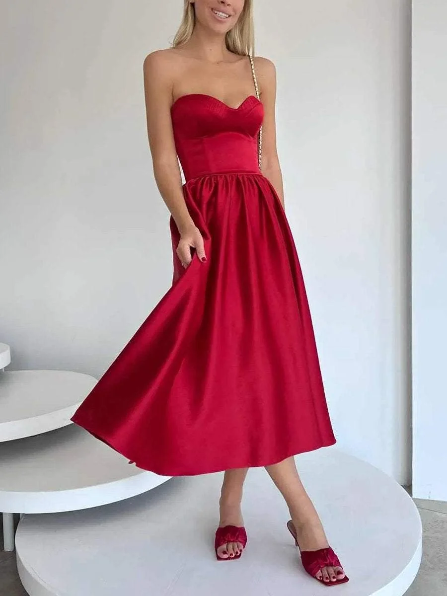 Elegant SATIN Wrap Chest Sleeveless Mid Length Evening Dress