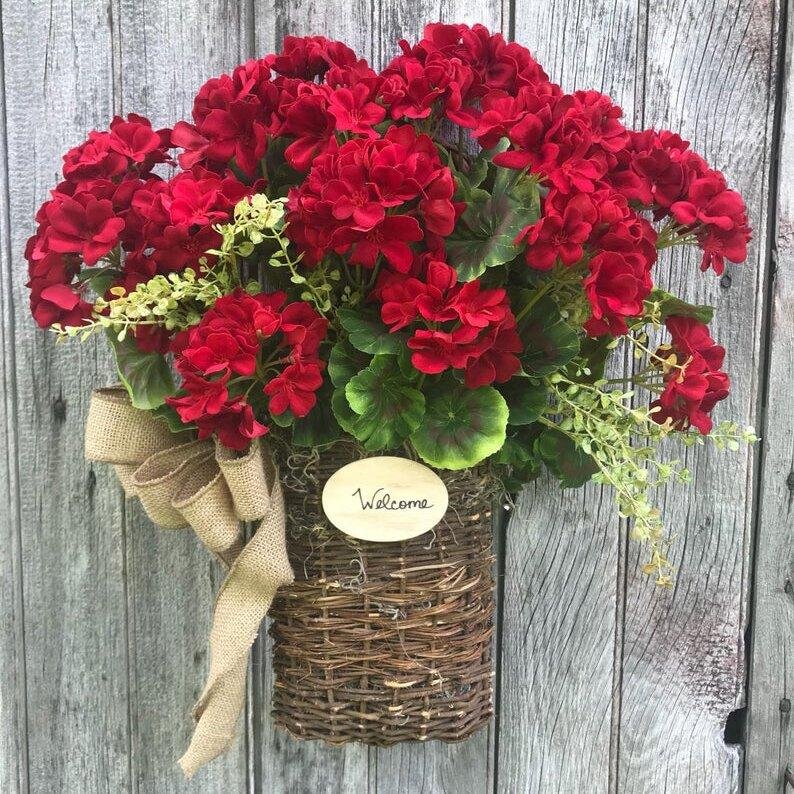 Welcome Red Geranium Basket