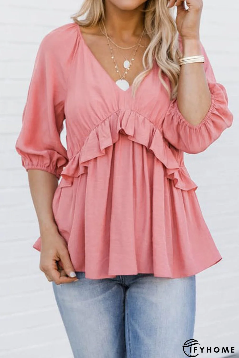 Pink Ruffled Half Sleeve V Neck Babydoll Top | IFYHOME