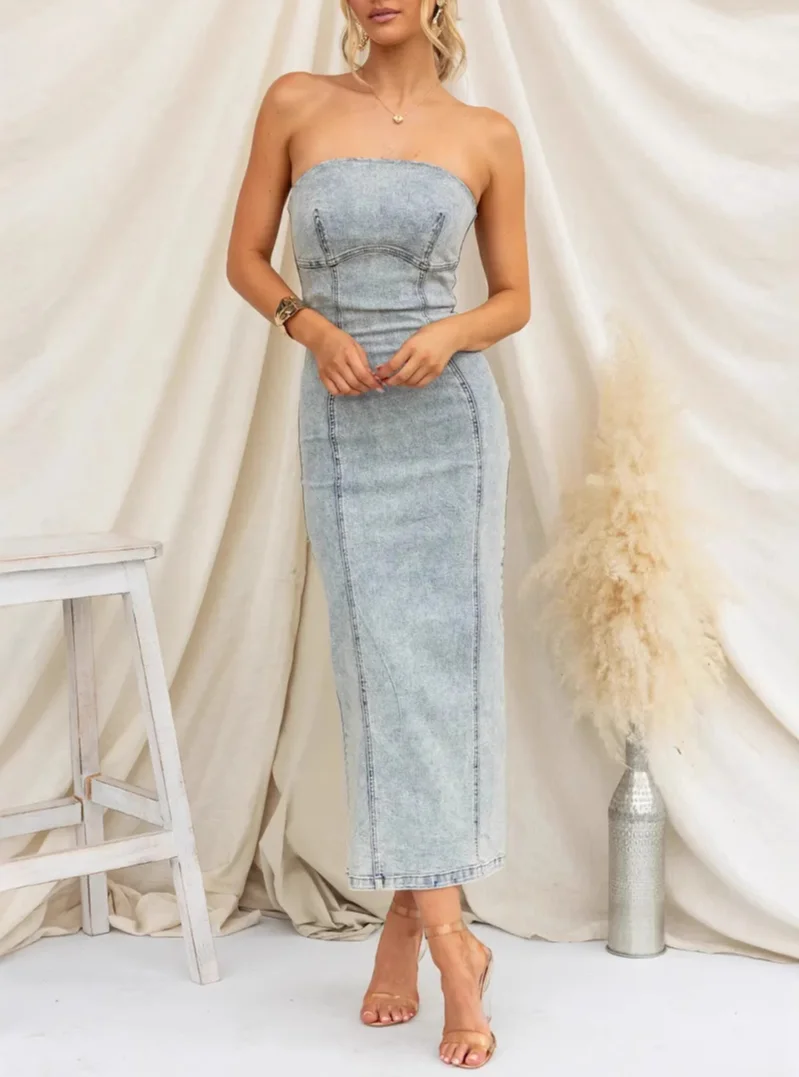 Women's 2025 Wrapping Sexy Spice Girl Splicing Slim Denim Dress Sleeveless Sexy Denim Dress