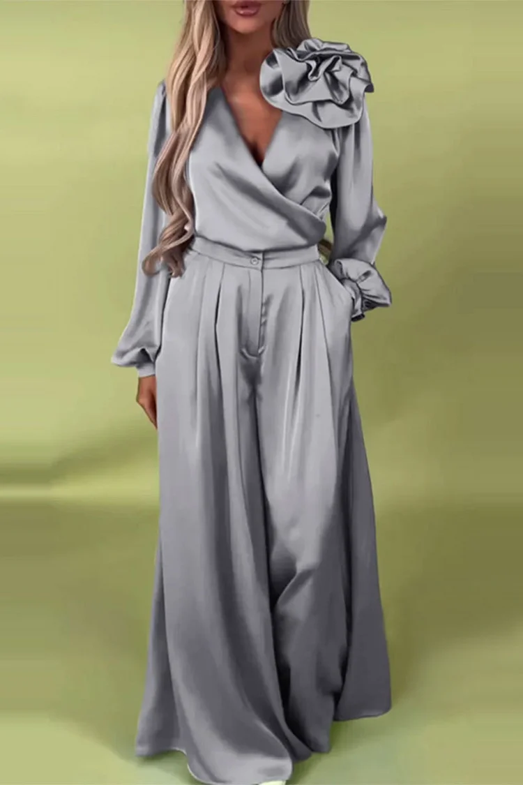 Plus Size Business Casual Blue Wrap Neck Lantern Sleeve Long Sleeve 3D Elegant Pocket Satin Two Piece Pant Sets