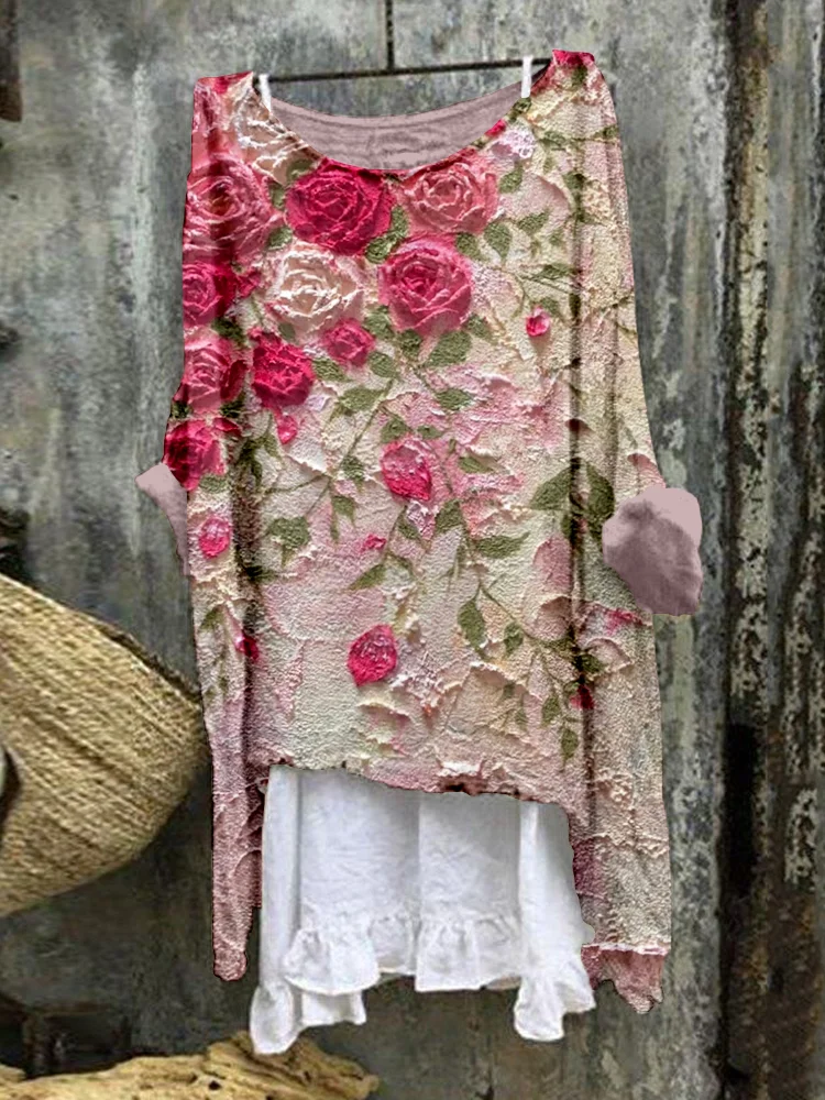 Pink Rose Oil Painting Art Linen Blend Tunic